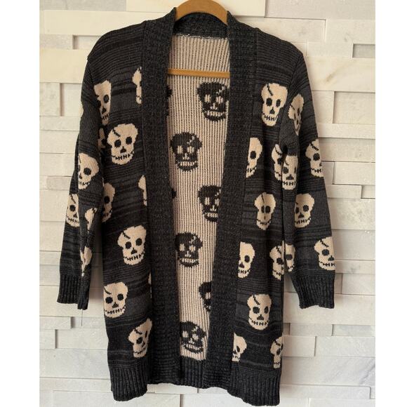 Skull Intarsia Cotton Open Front Cardigan Sweater Gray Beige S Goth Whimsigoth - Picture 1 of 4